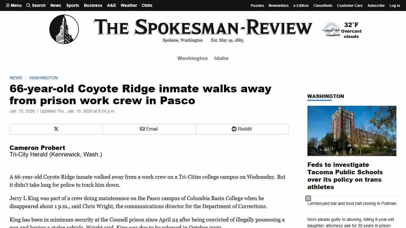 66-year-old Coyote Ridge inmate walks away from prison work crew in Pasco